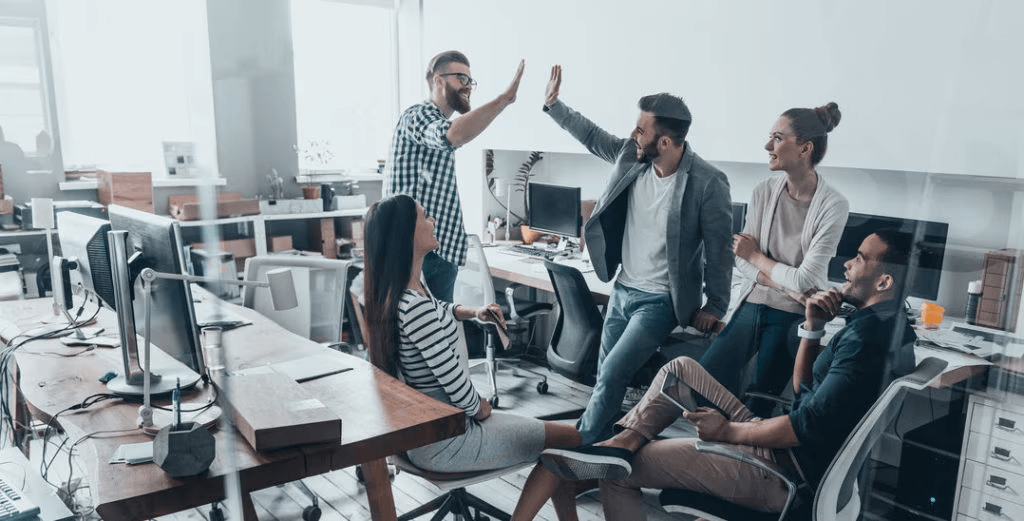 Startup team collaborating in a modern workspace